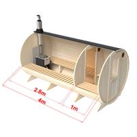 Sauna exterioata tip butoi  lungime 4m Ø 2,0m cu antecamera molid thermowood soba pe lemne
